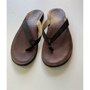 Olukai Pua Flip Flops Sandals Shoes Womens Size 11 Black Lizard Leather